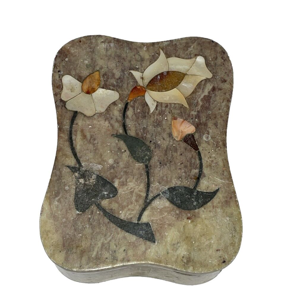 Vintage Octagon Floral Inlaid Mother of Pearl Soapstone Trinket Box 4" x 3"